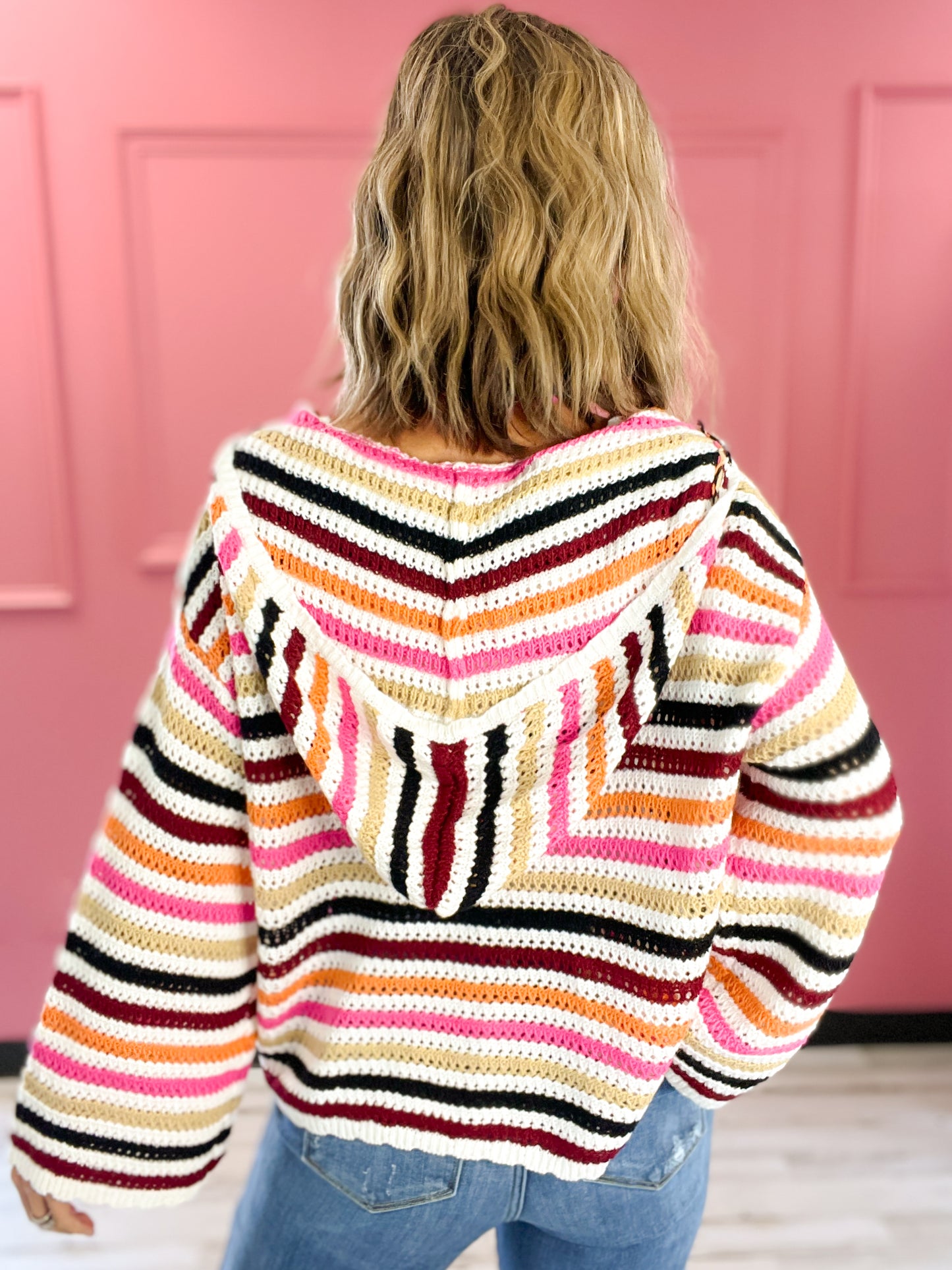 V-Neck Hooded Multi Color Stripe Pullover Sweater