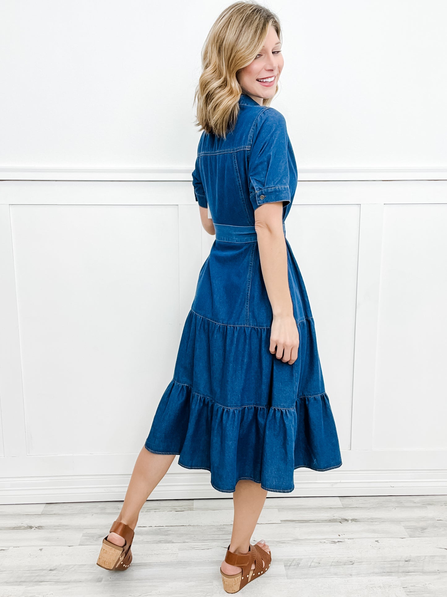 She's Gone Country Button Down Collared Midi Denim Dress