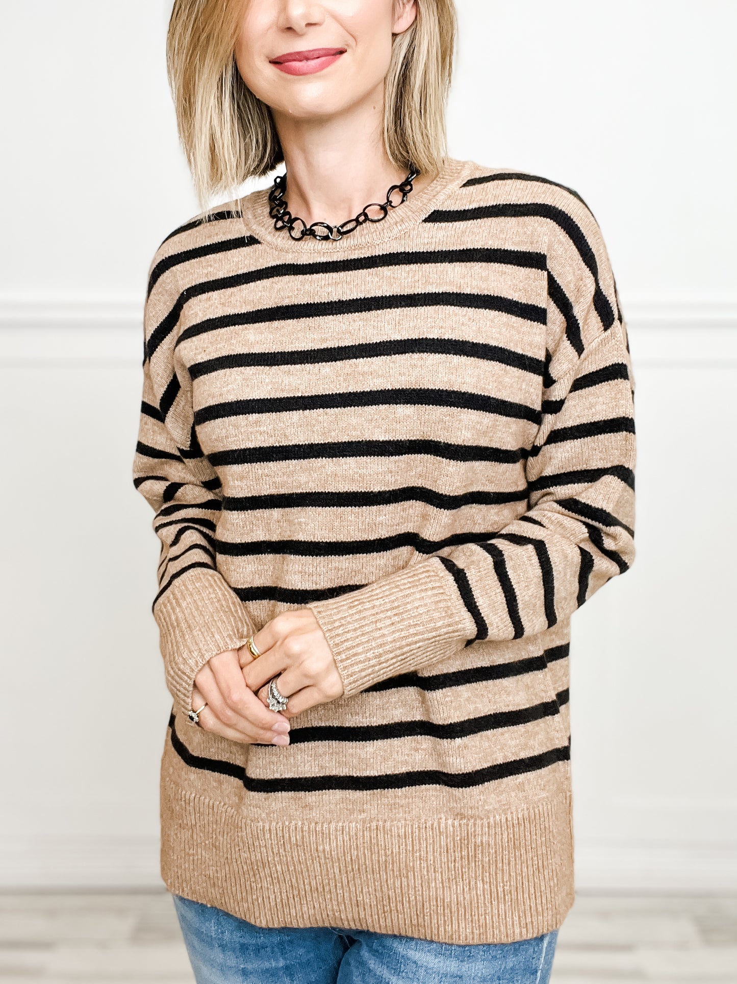 Ribbed Cuff Loose Pullover Striped Sweater