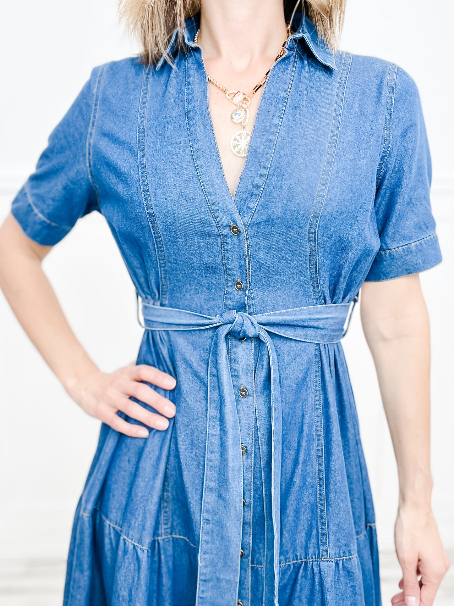 She's Gone Country Button Down Collared Midi Denim Dress