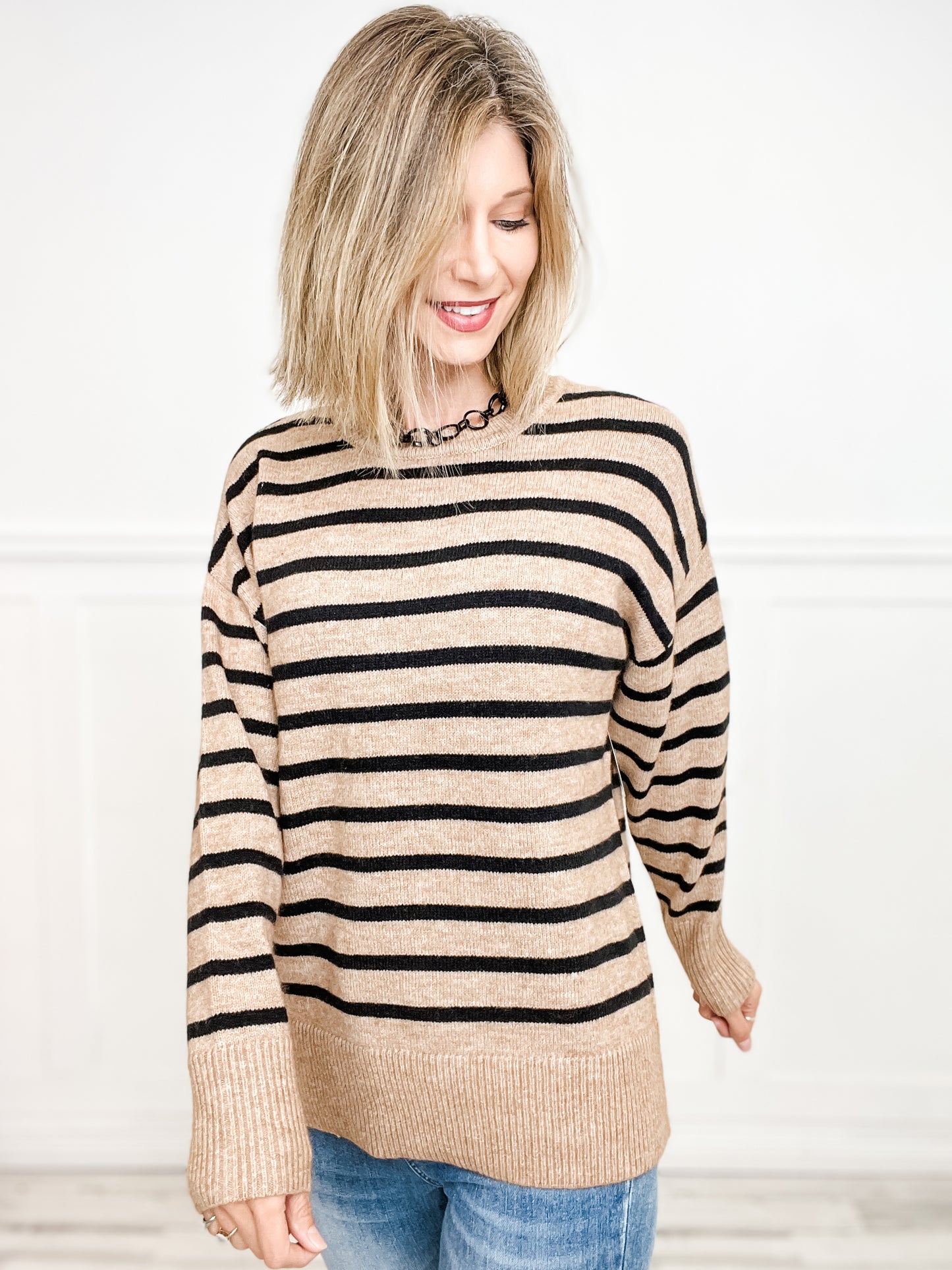 Ribbed Cuff Loose Pullover Striped Sweater