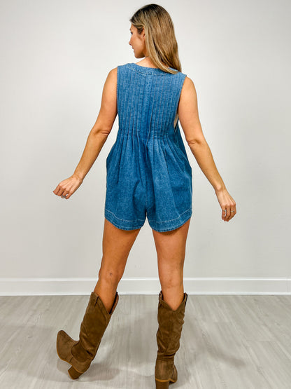 Deep V-neck Pintuck Denim Romper