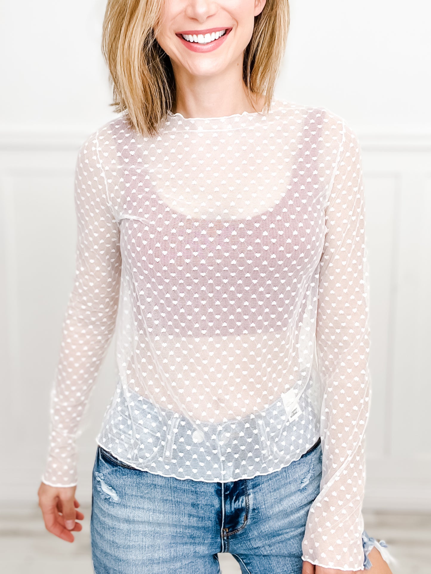 Heart Jacquard Mesh Long Sleeve Top