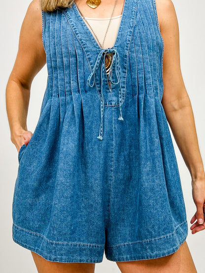 Deep V-neck Pintuck Denim Romper