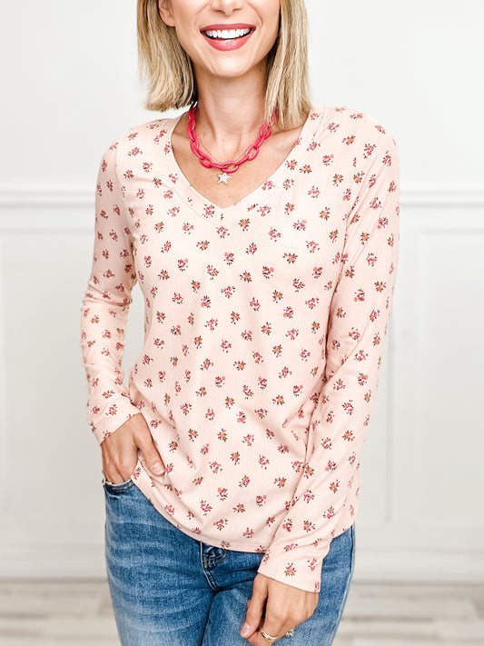 Floral Rib Long Sleeve V-Neck Top