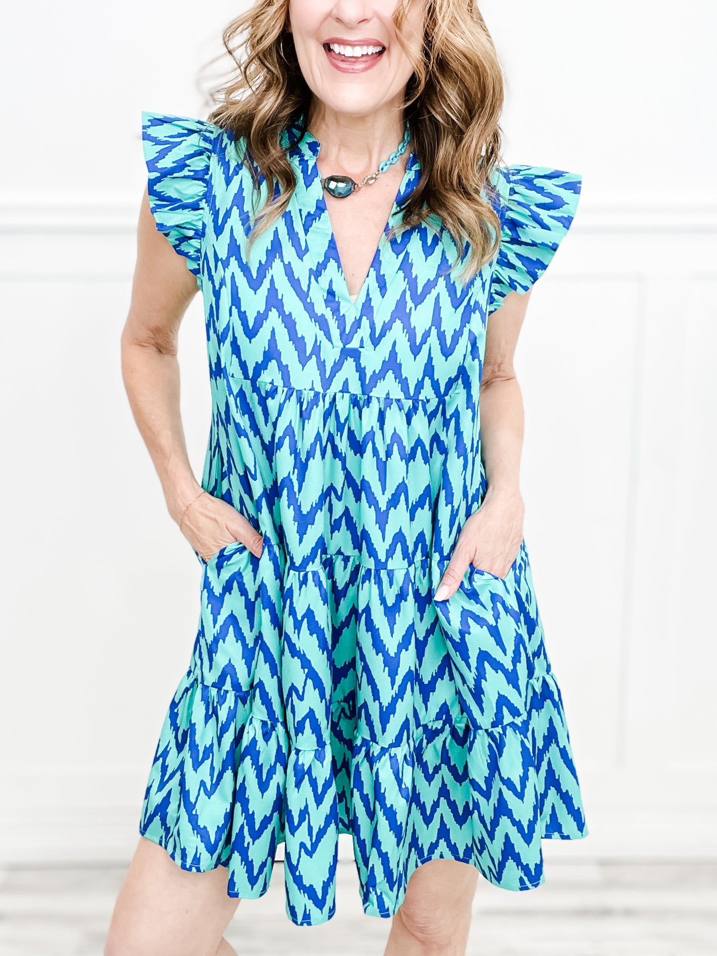 Chevron Print Notched Neckline, Ruffle Sleeve Dress with Side Pockets