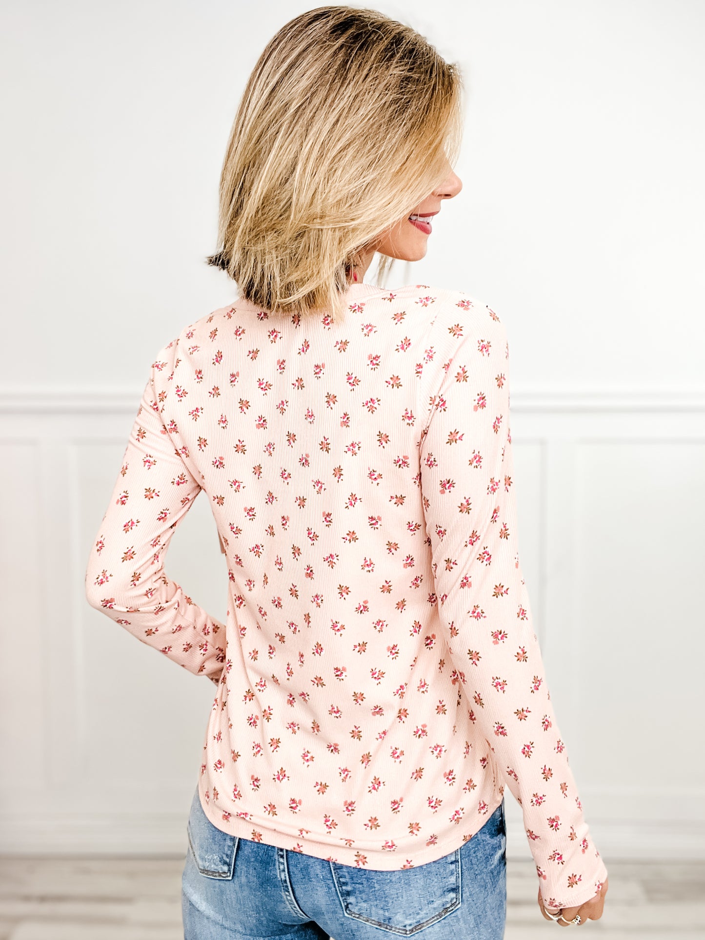 Floral Rib Long Sleeve V-Neck Top