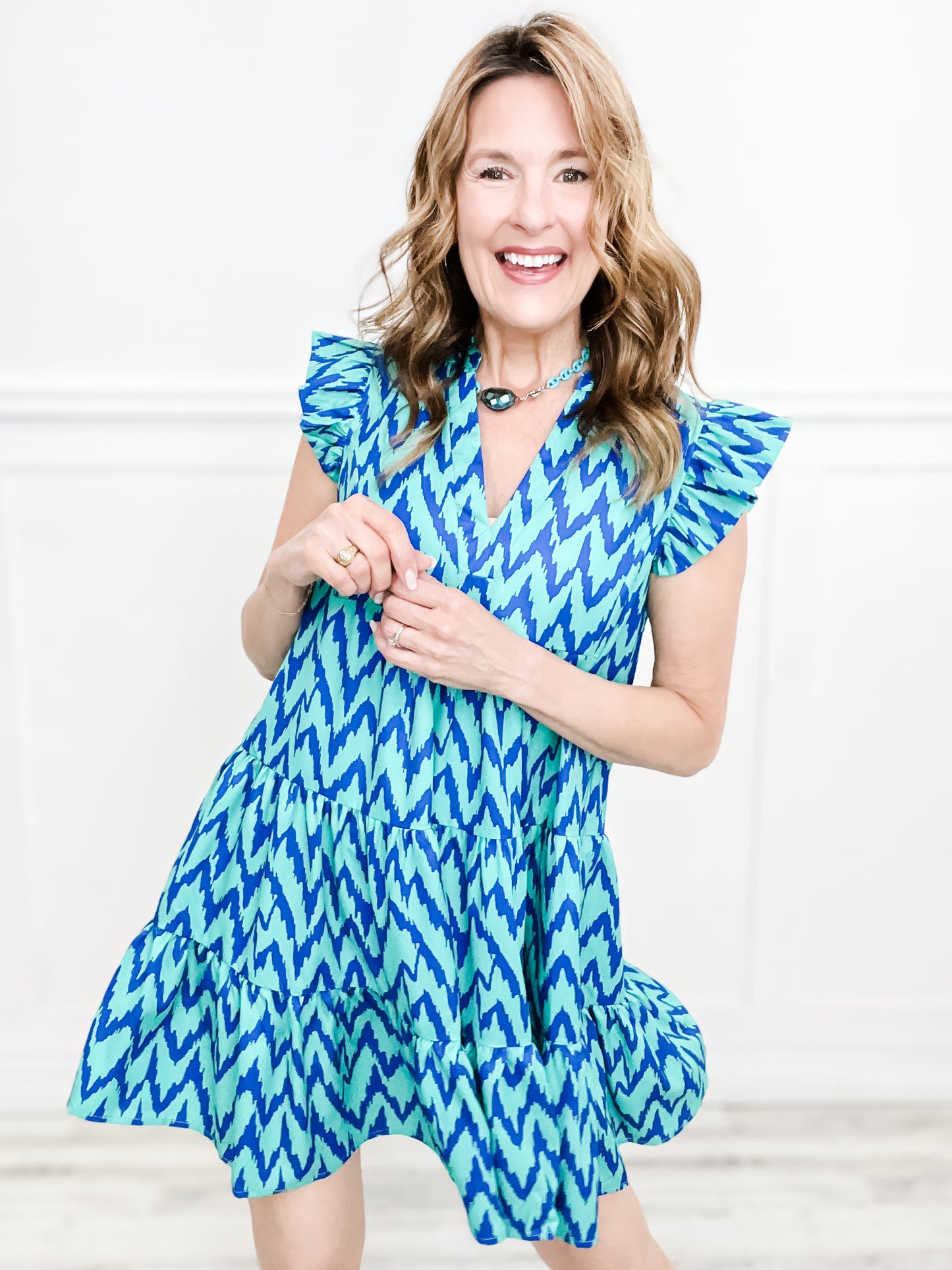 Chevron Print Notched Neckline, Ruffle Sleeve Dress with Side Pockets