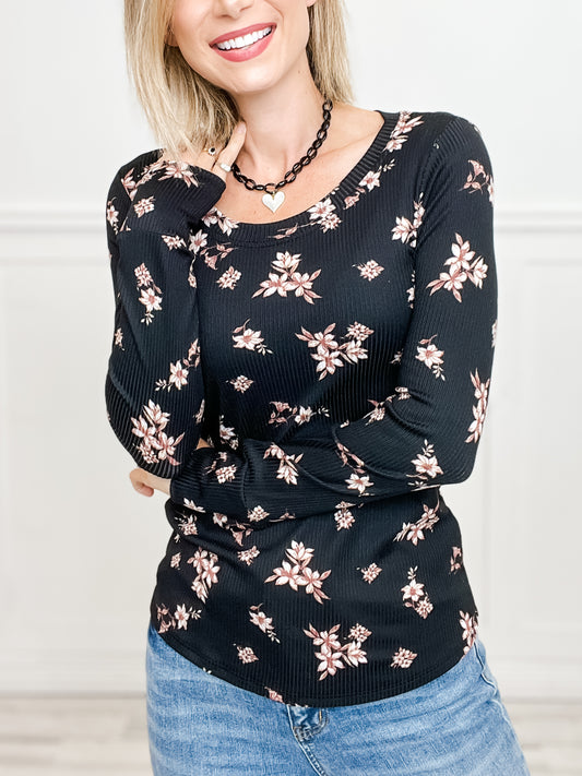 Floral Rib Long Sleeve Round Neck Top