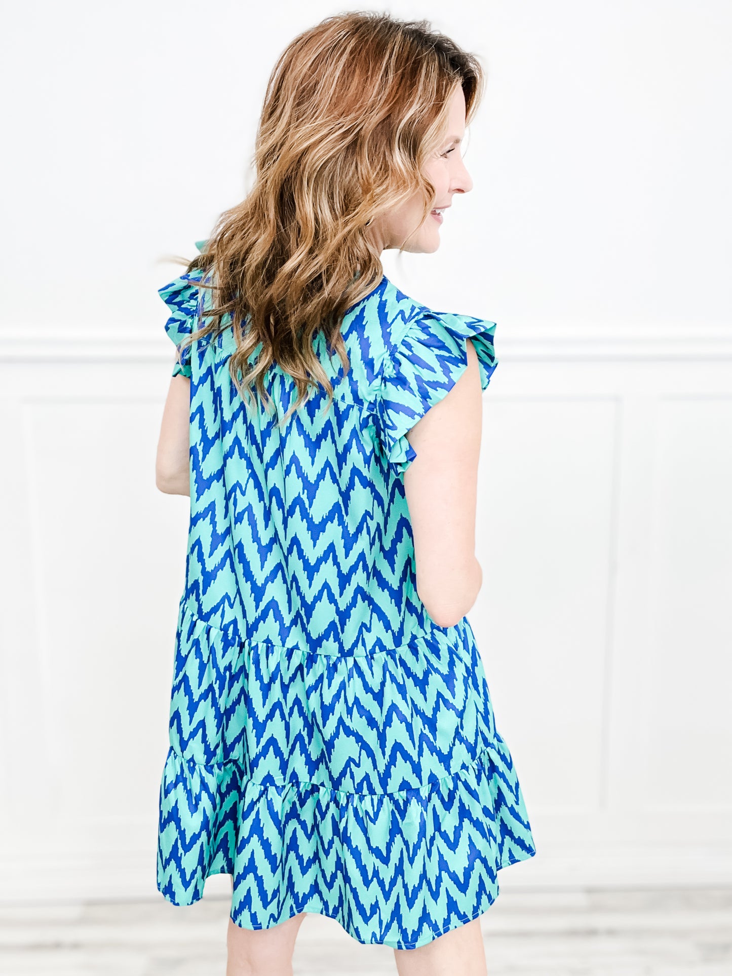 Chevron Print Notched Neckline, Ruffle Sleeve Dress with Side Pockets