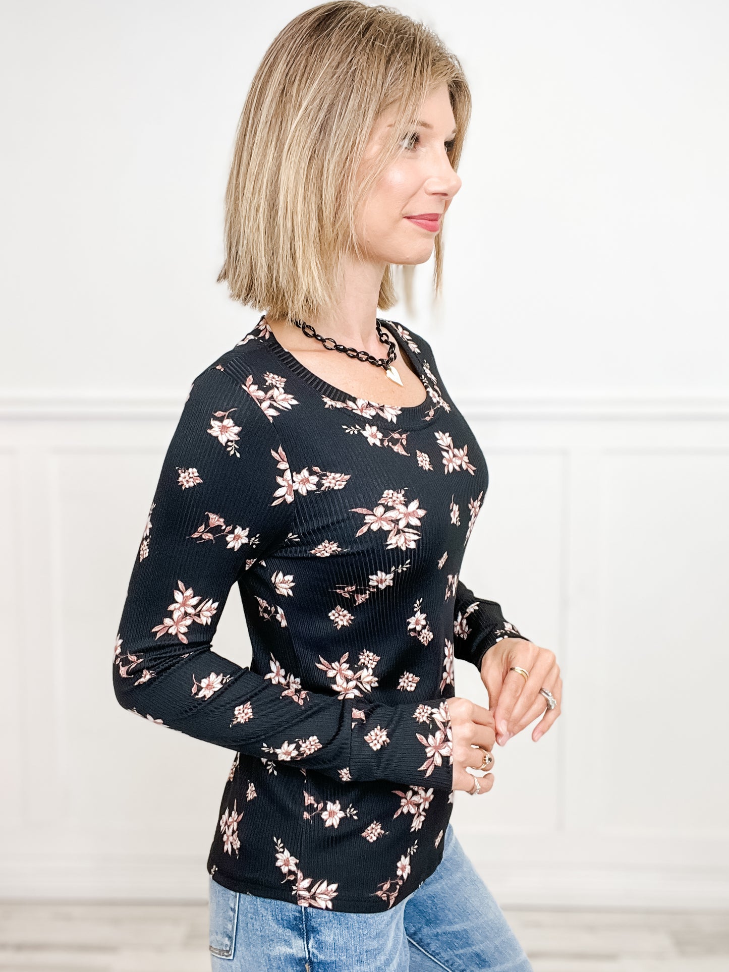 Floral Rib Long Sleeve Round Neck Top