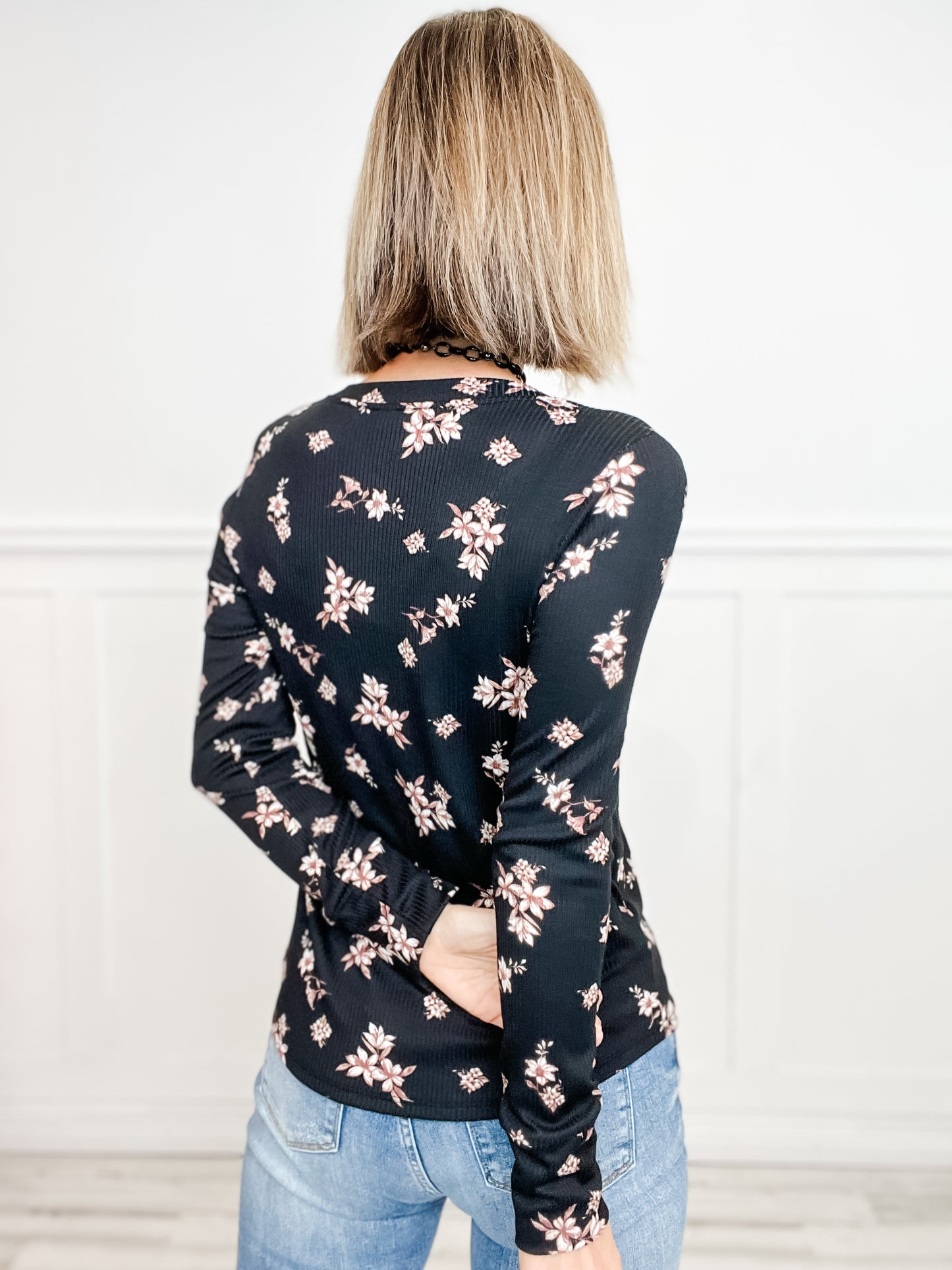 Floral Rib Long Sleeve Round Neck Top