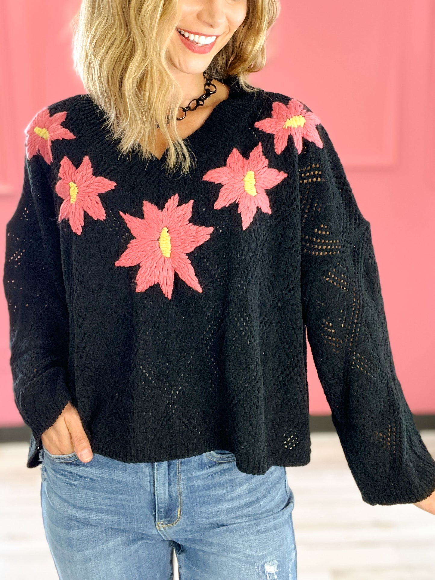 V-neck embroidered floral pattern pullover sweater