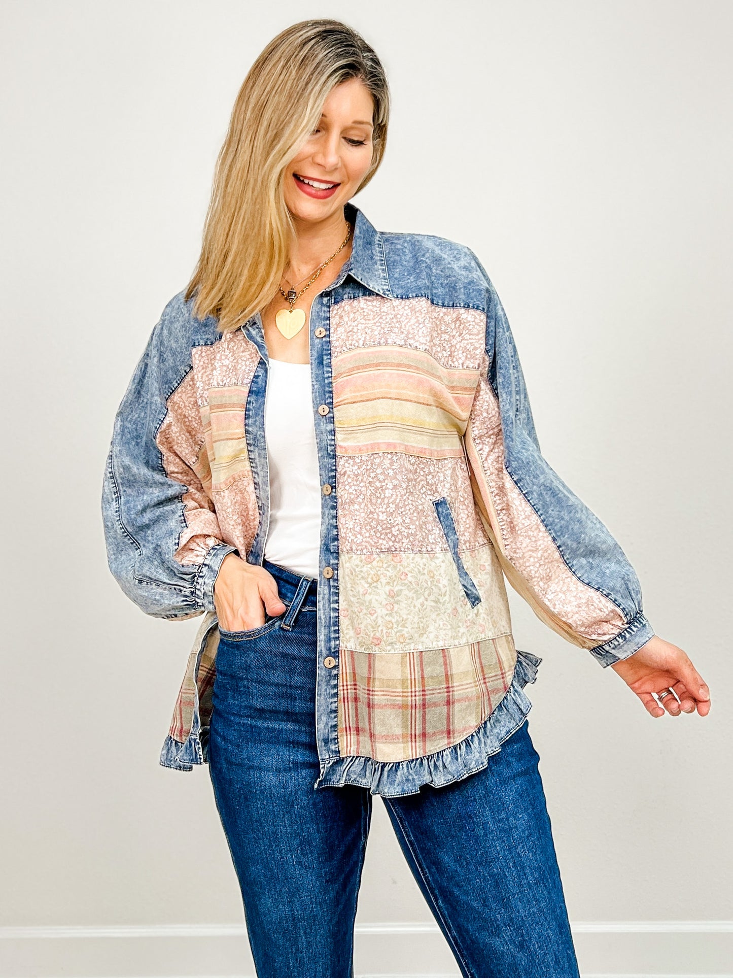 Long Sleeve Button Up Floral Print Contrast Top