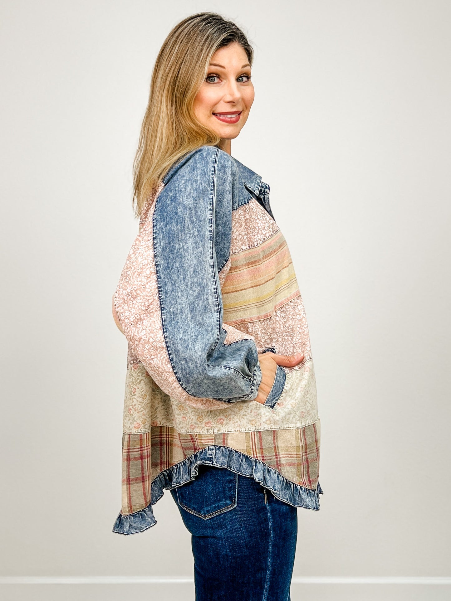 Long Sleeve Button Up Floral Print Contrast Top