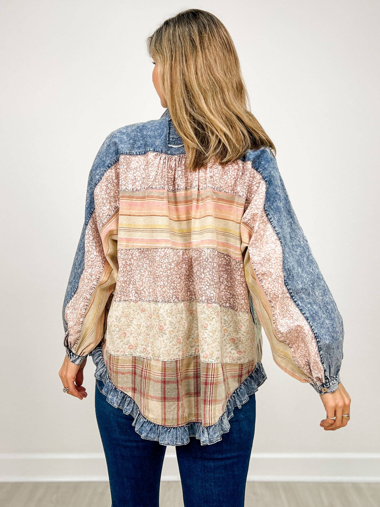 Long Sleeve Button Up Floral Print Contrast Top