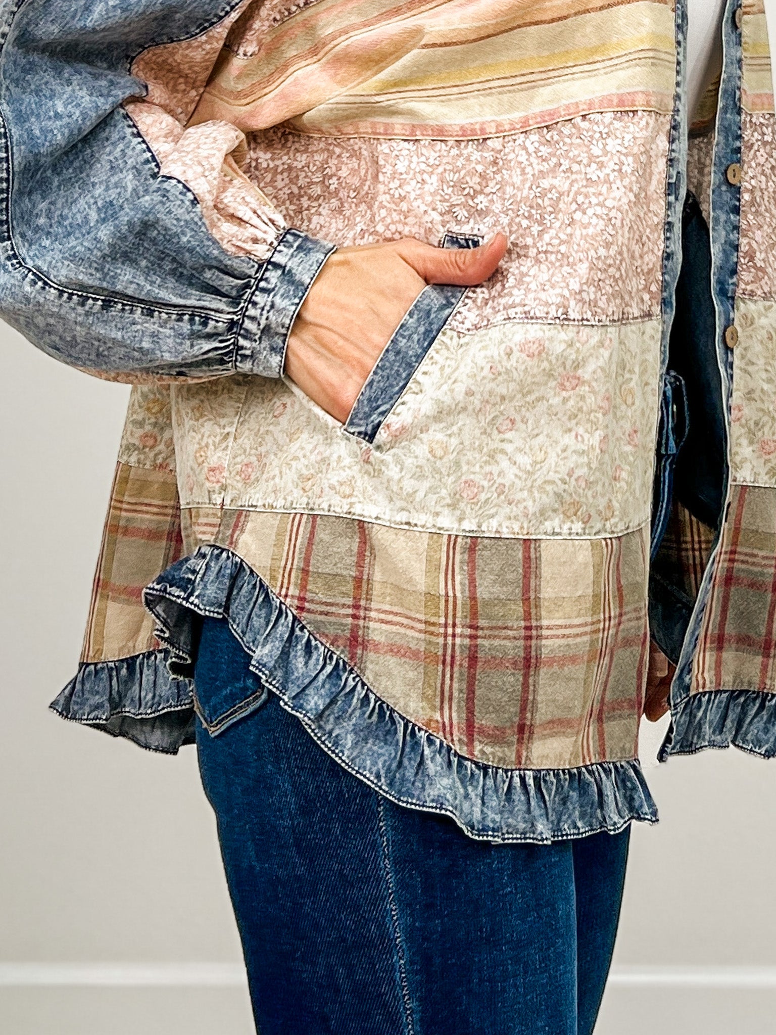 Long Sleeve Button Up Floral Print Contrast Top