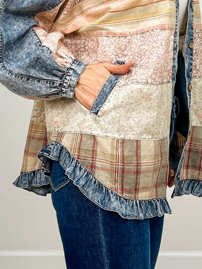 Long Sleeve Button Up Floral Print Contrast Top