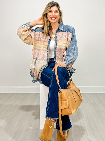 Long Sleeve Button Up Floral Print Contrast Top
