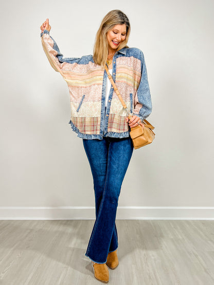 Long Sleeve Button Up Floral Print Contrast Top
