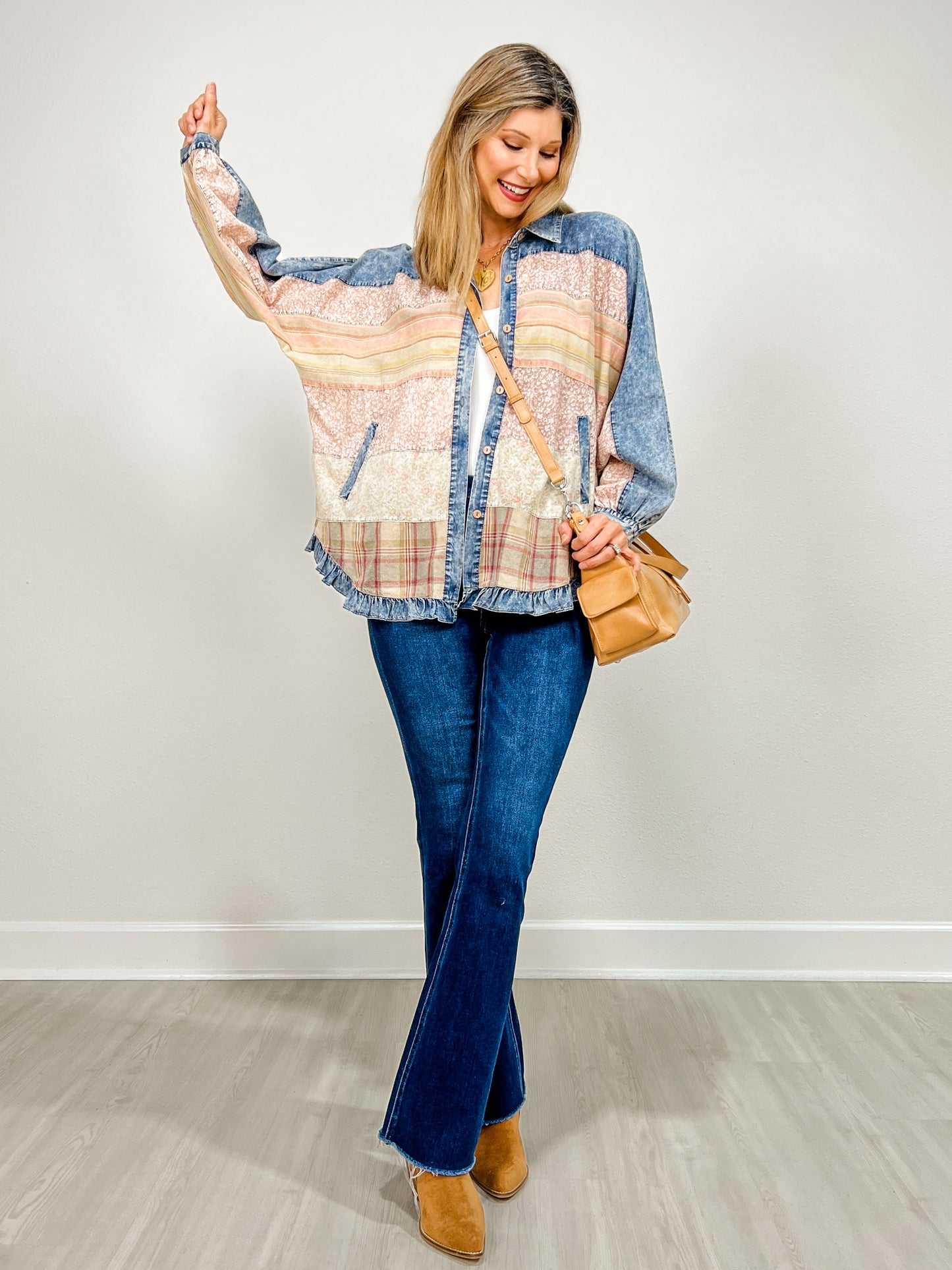 Long Sleeve Button Up Floral Print Contrast Top