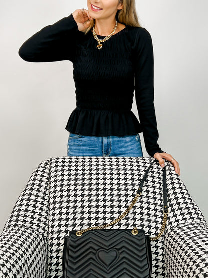 Long Sleeve Solid Knit Top with Smocked Body