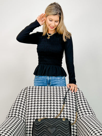 Long Sleeve Solid Knit Top with Smocked Body
