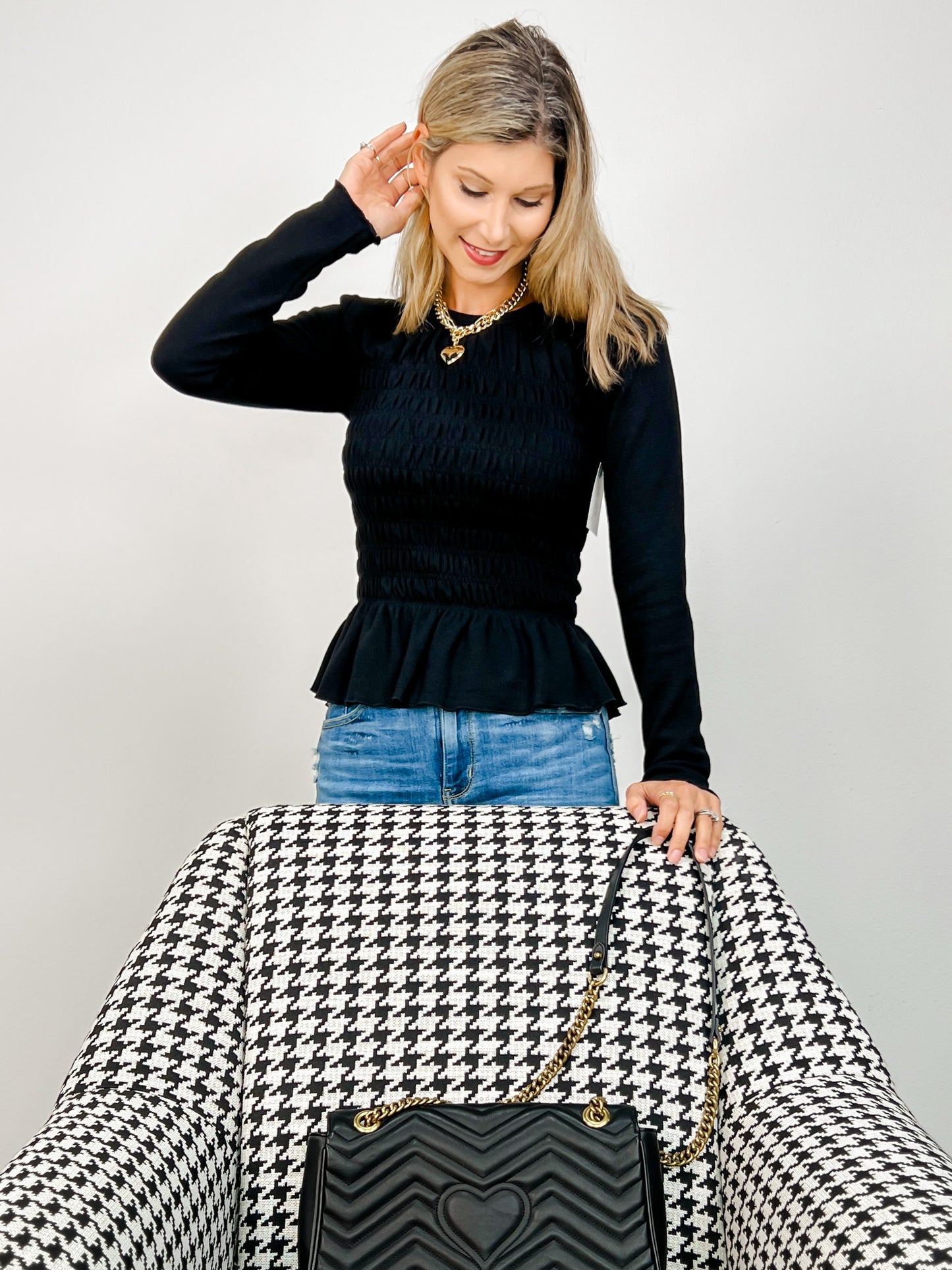 Long Sleeve Solid Knit Top with Smocked Body