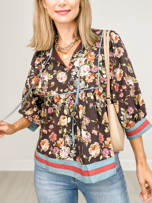 Vintage Floral 3/4 Sleeve Empire Waist Top