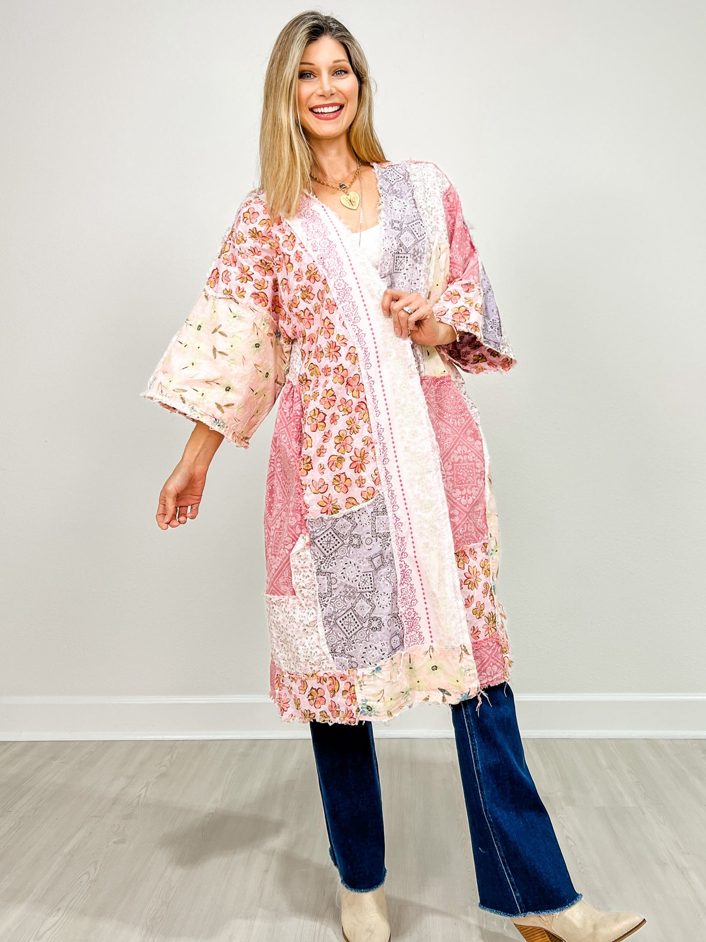 Multi Print Exposed Seam Wide 3/4 Sleeve Kimono