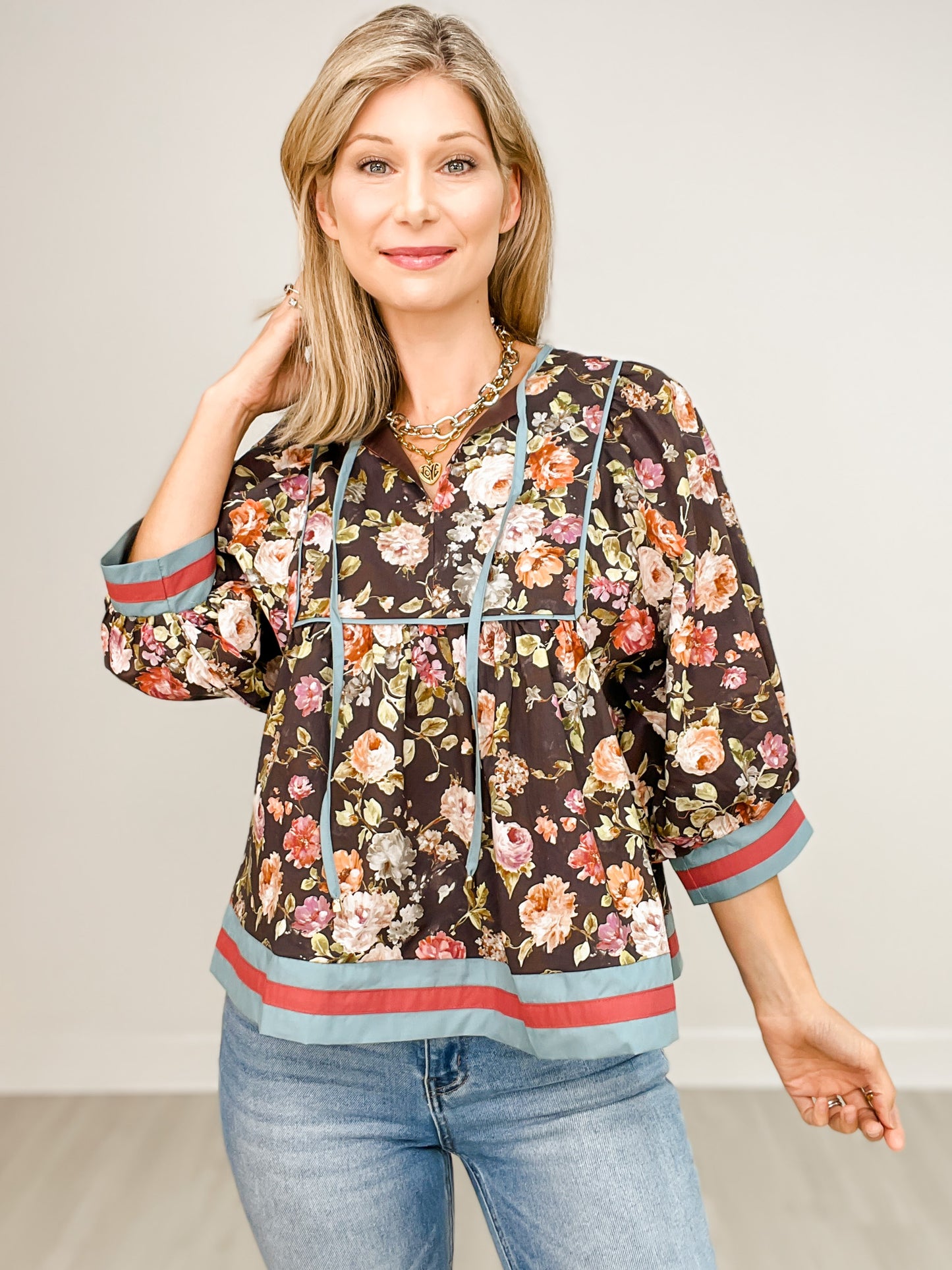 Vintage Floral 3/4 Sleeve Empire Waist Top