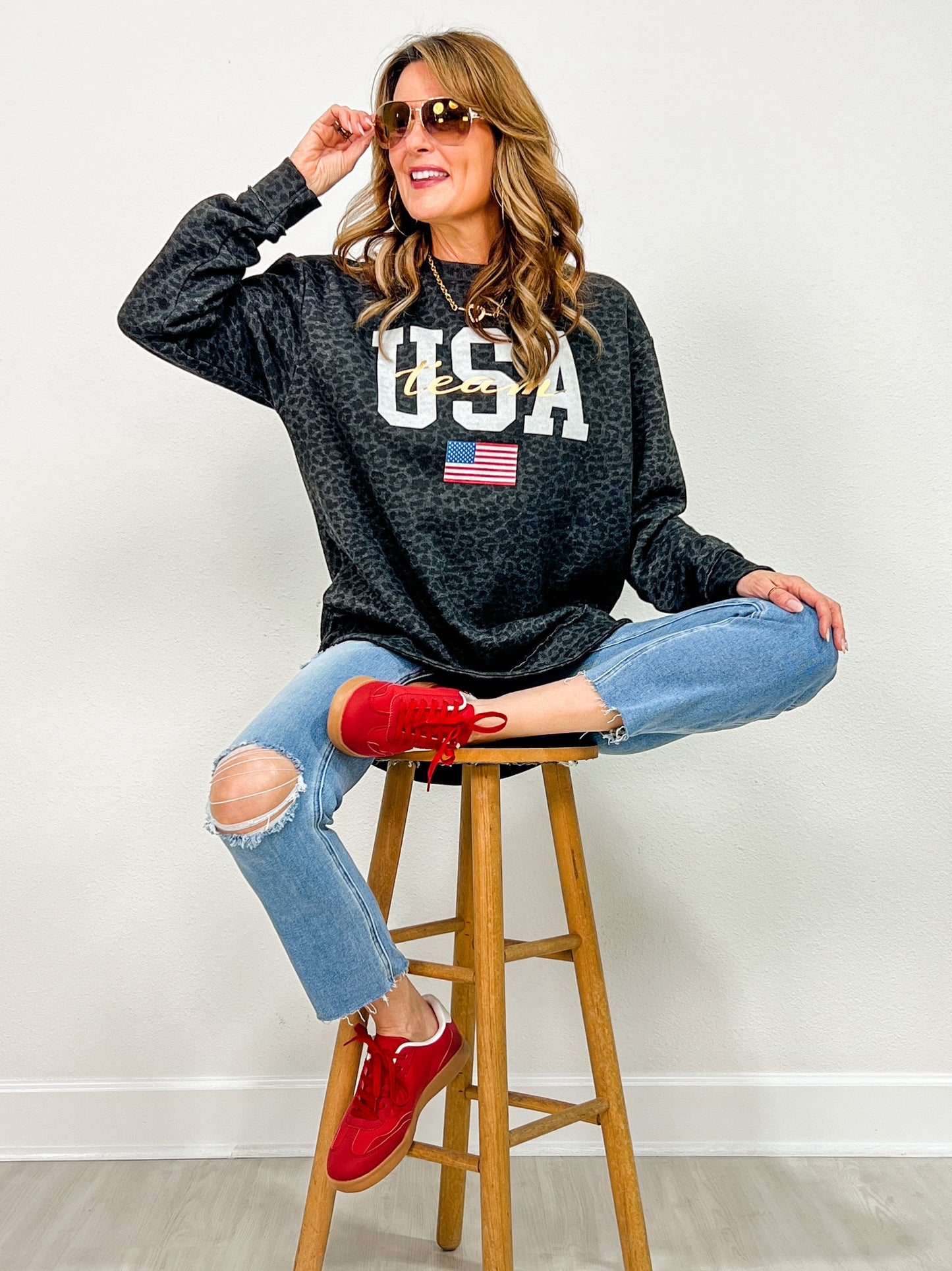 Team USA Gold Foil Leopard Graphic Top