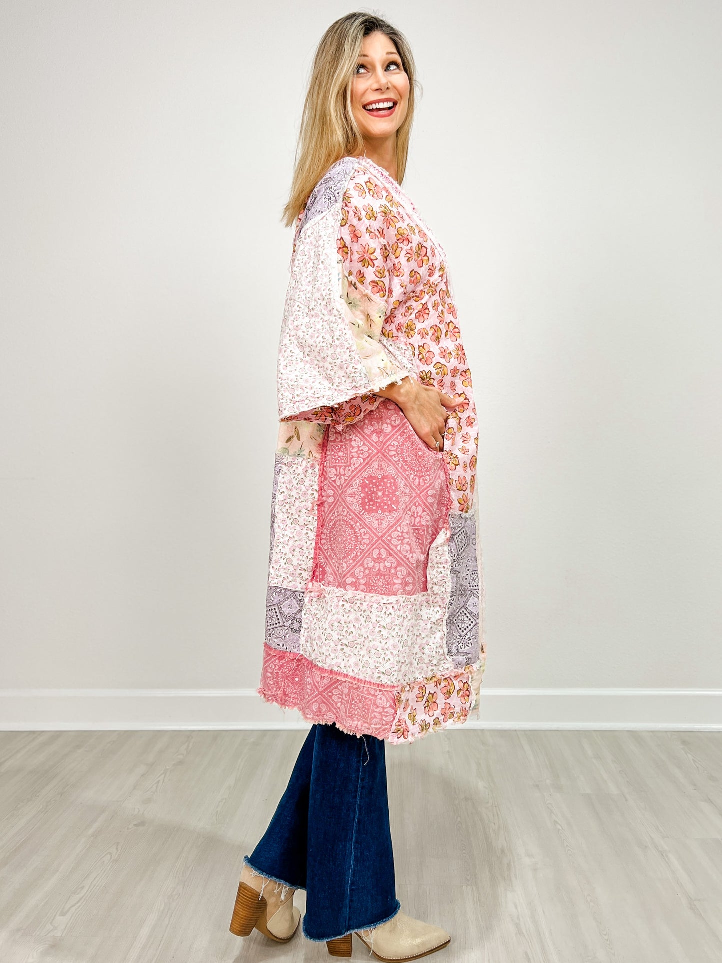 Multi Print Exposed Seam Wide 3/4 Sleeve Kimono