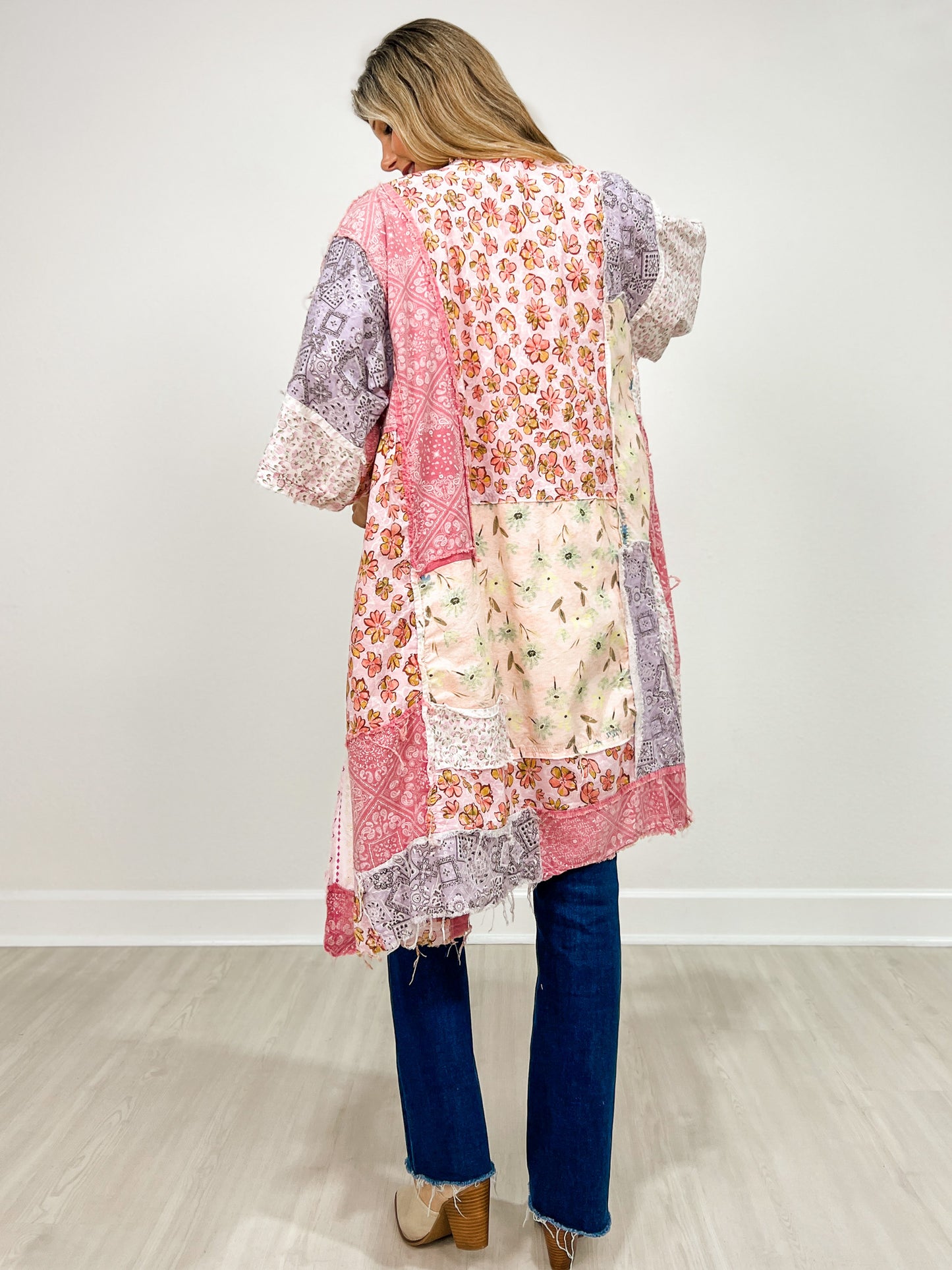 Multi Print Exposed Seam Wide 3/4 Sleeve Kimono