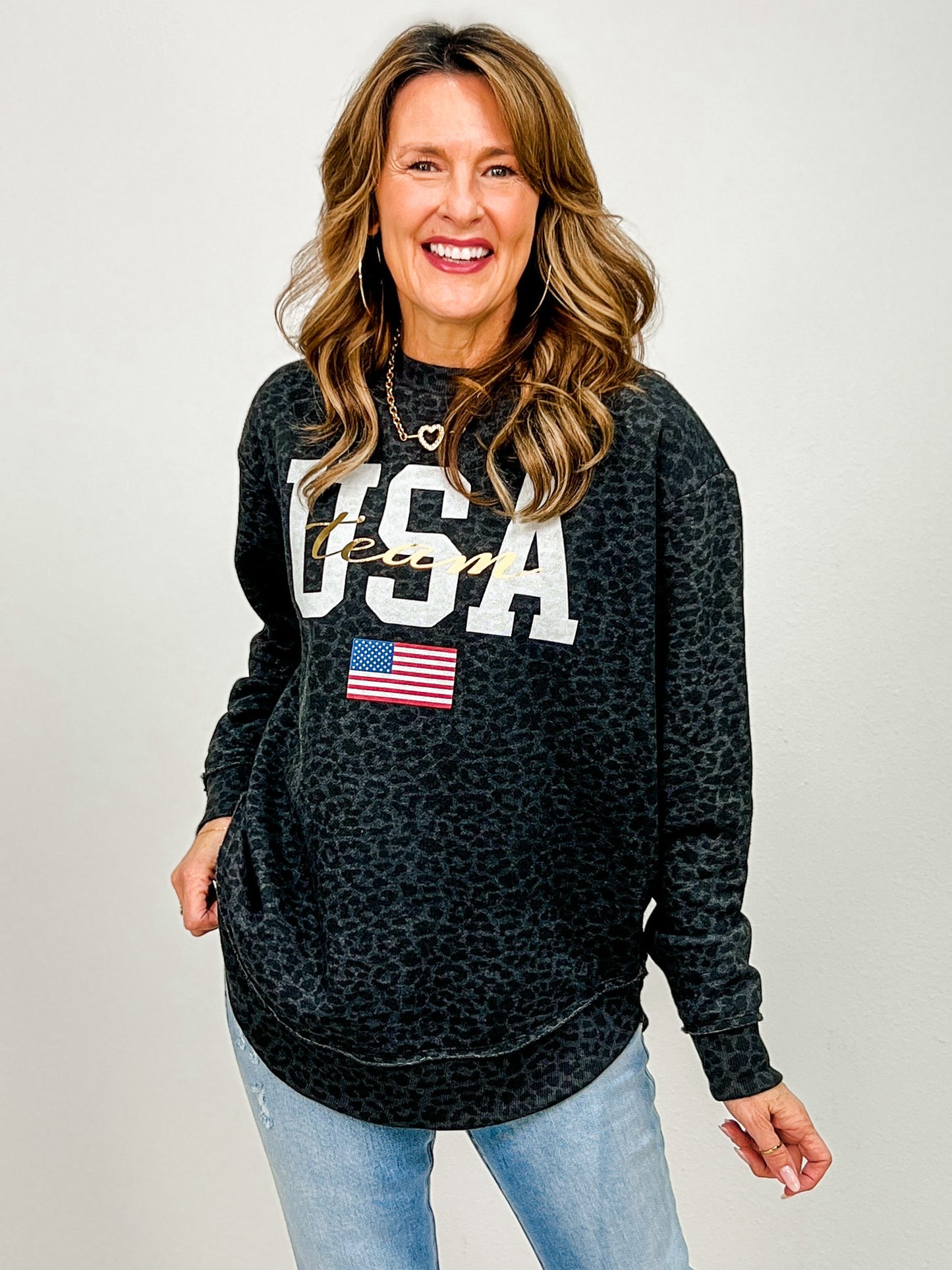 Team USA Gold Foil Leopard Graphic Top