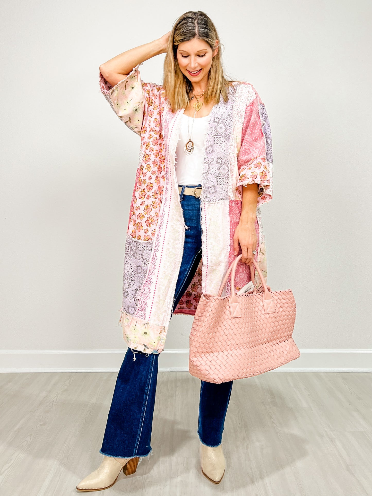 Multi Print Exposed Seam Wide 3/4 Sleeve Kimono