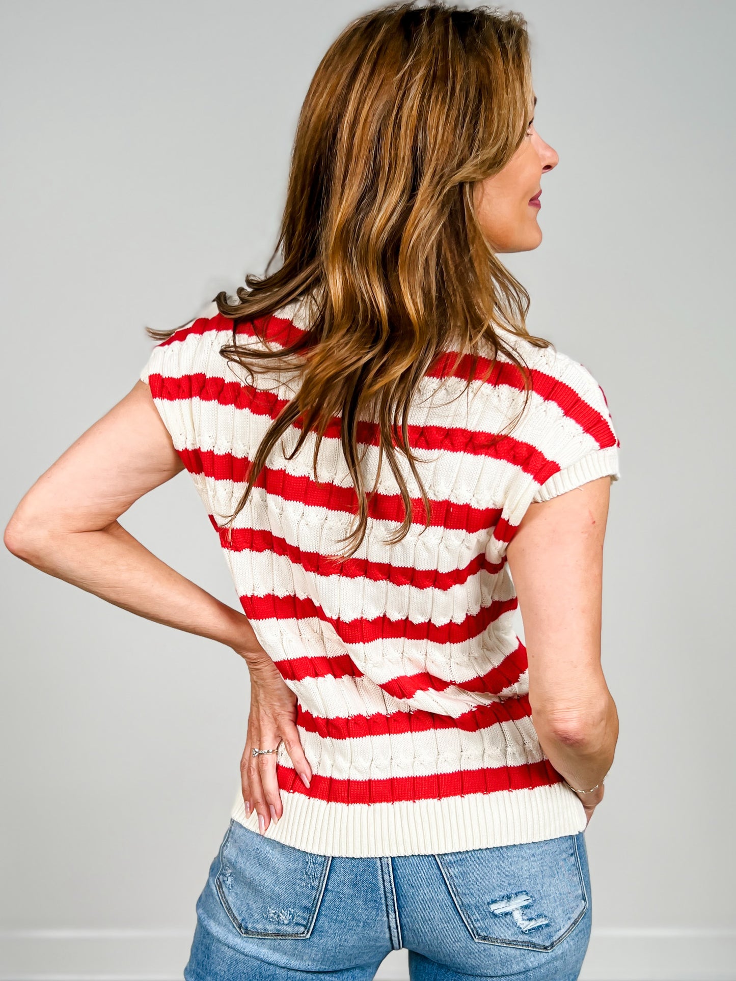 Sleeveless Textured Stripe Collared Sweater