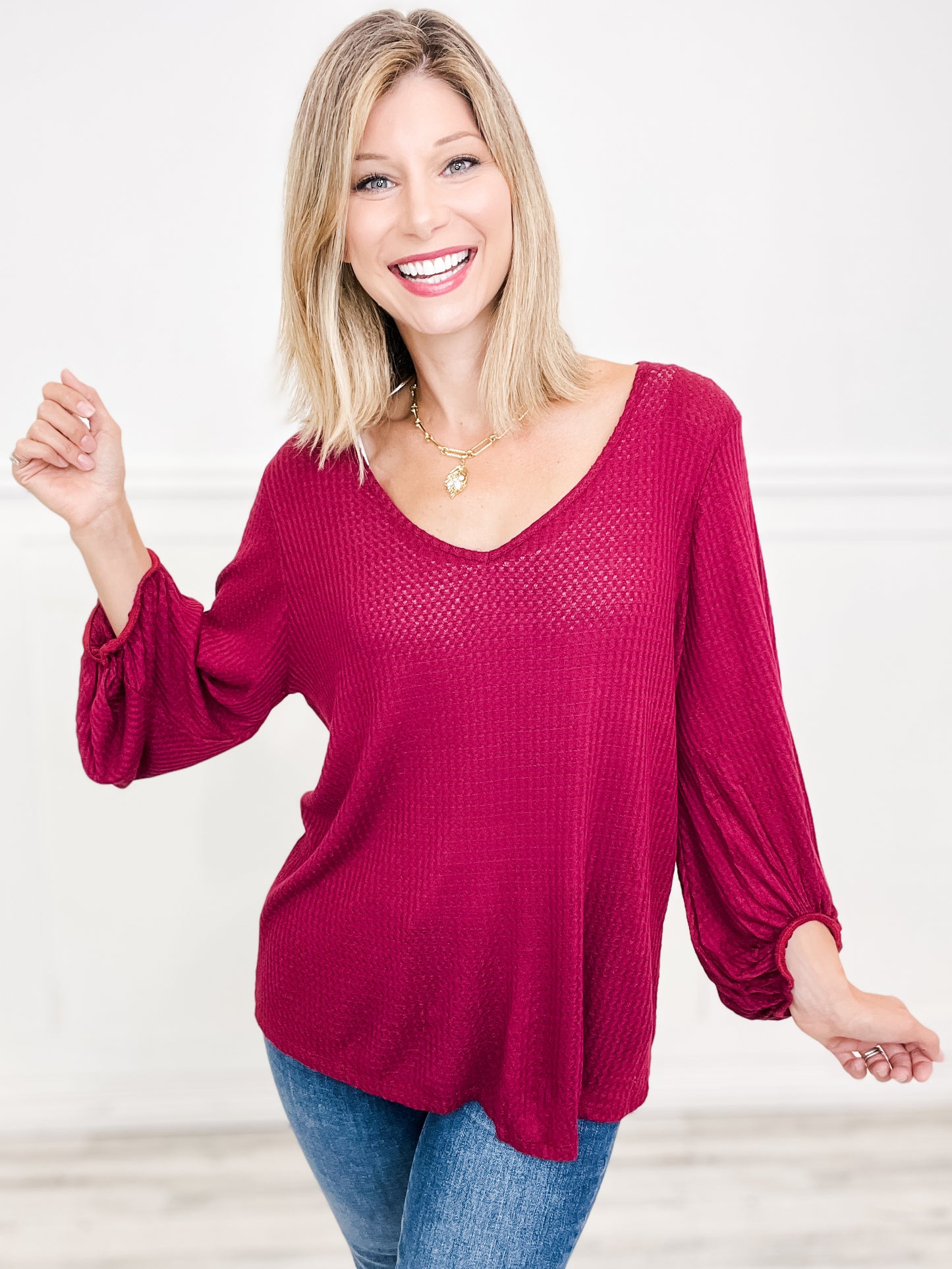 Waffle Thermal V-Neck Top with Bubble Sleeves