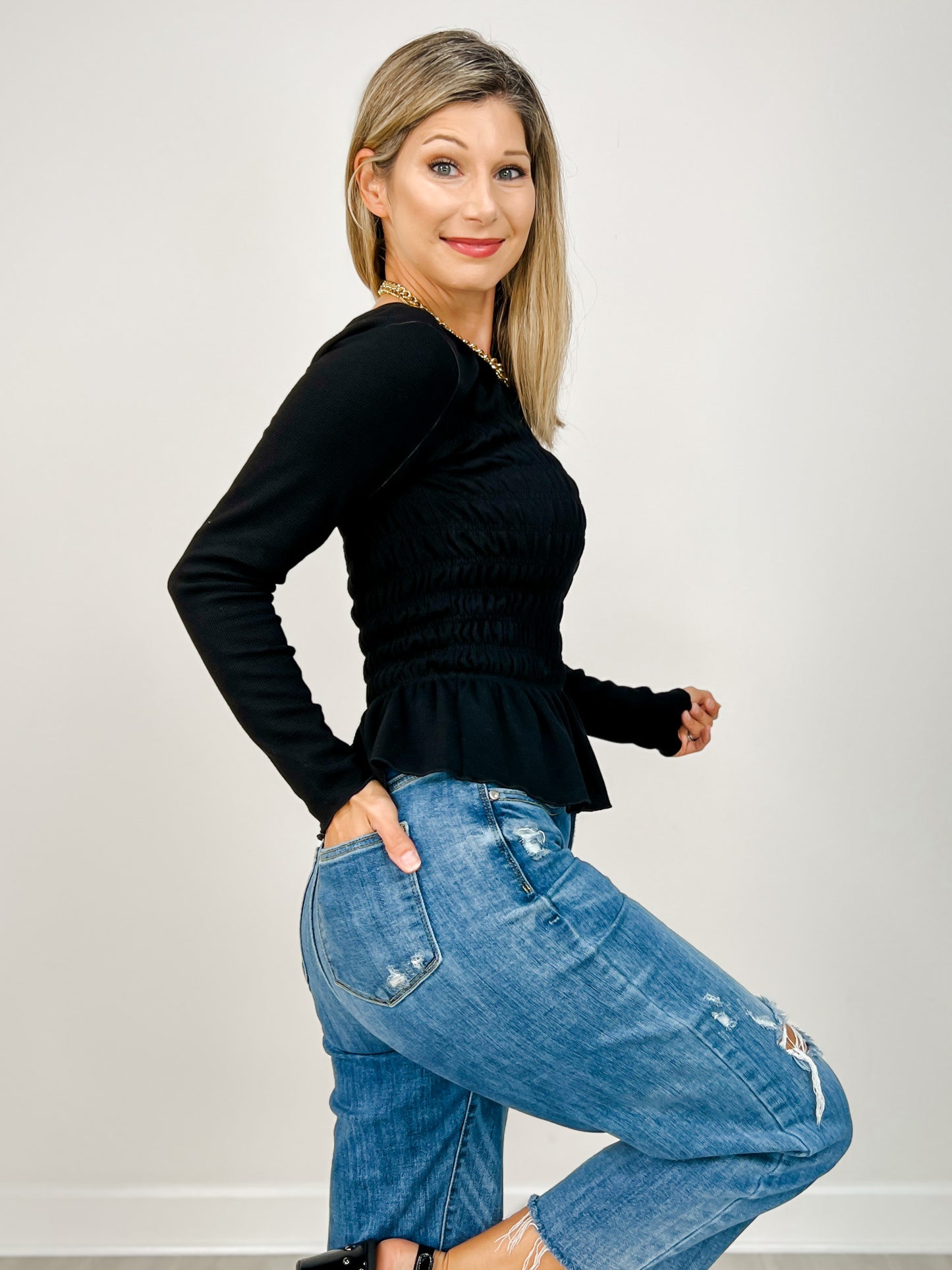 Long Sleeve Solid Knit Top with Smocked Body