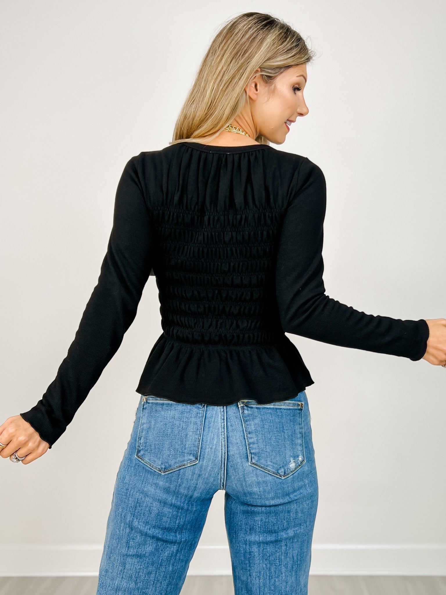 Long Sleeve Solid Knit Top with Smocked Body