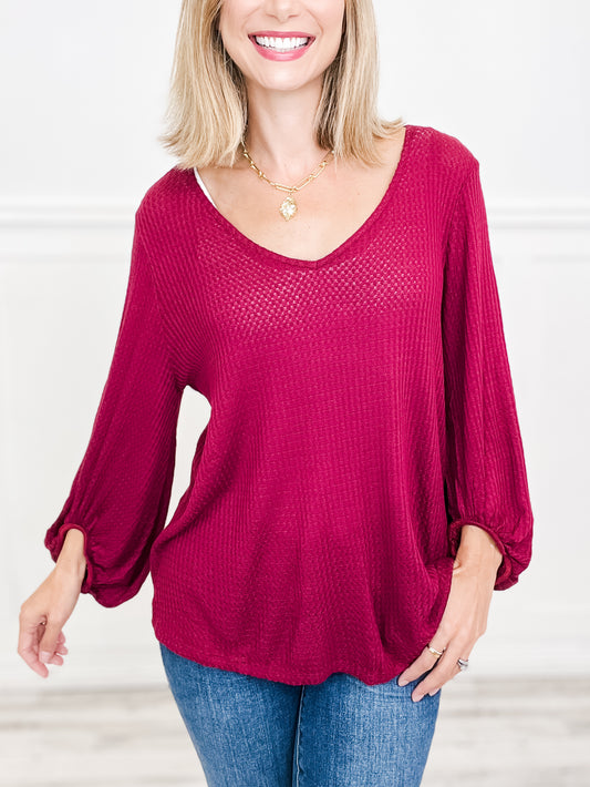 Waffle Thermal V-Neck Top with Bubble Sleeves