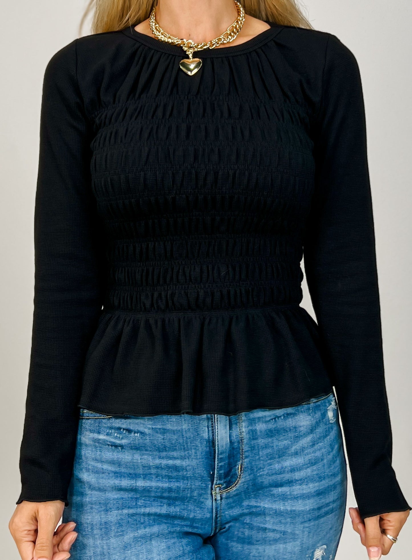 Long Sleeve Solid Knit Top with Smocked Body