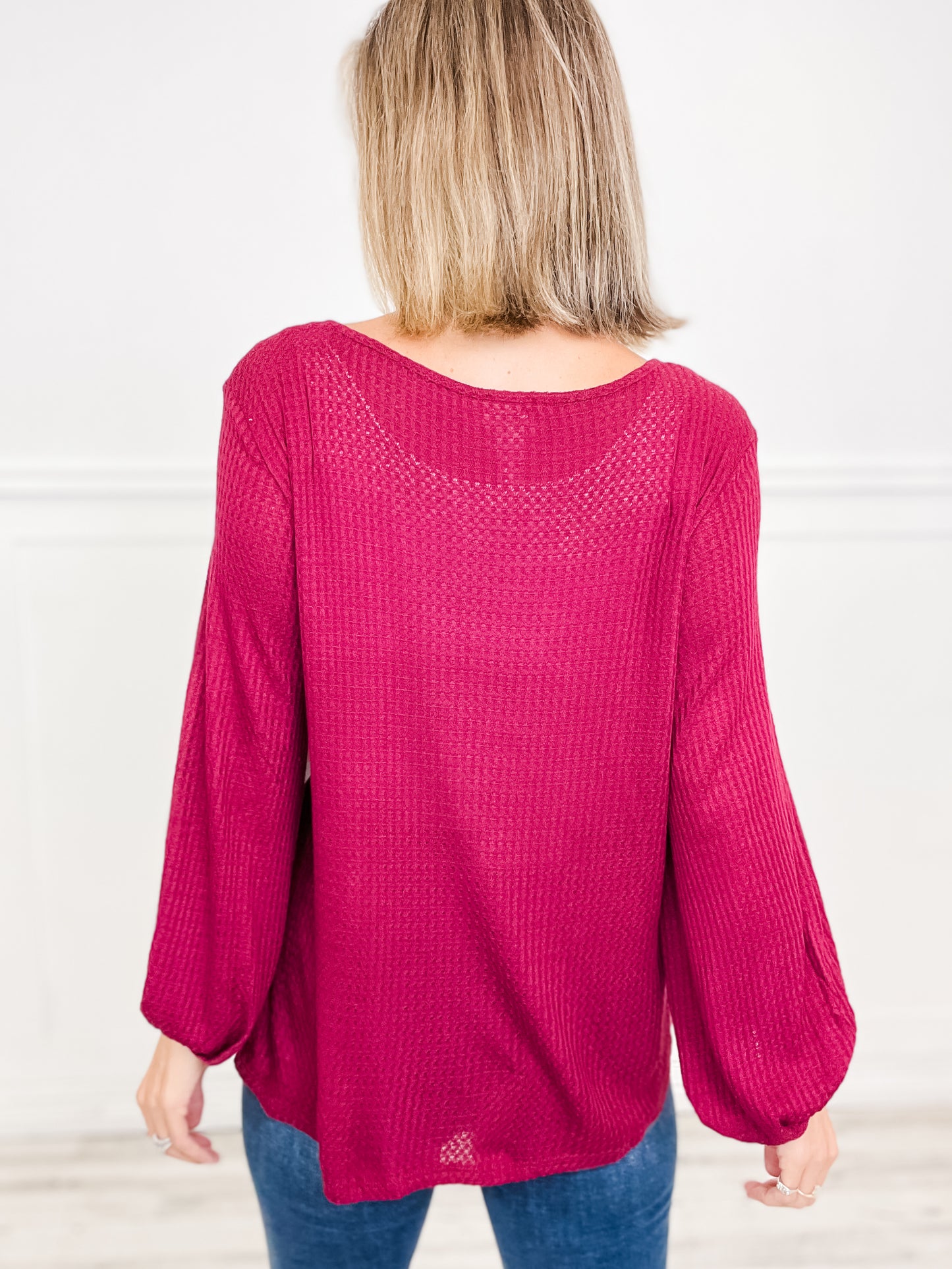 Waffle Thermal V-Neck Top with Bubble Sleeves