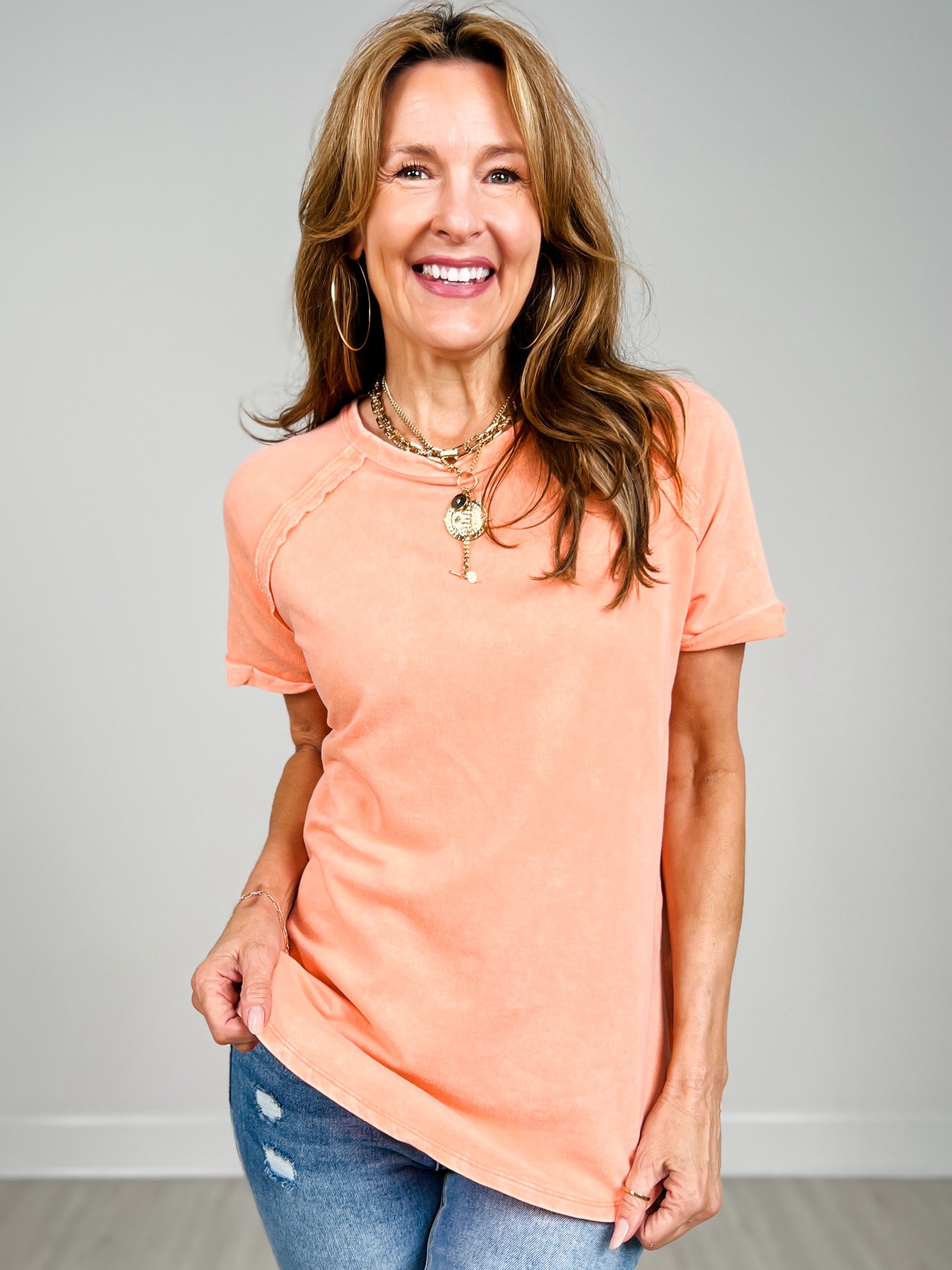 French Terry Washed Curved Hem Top