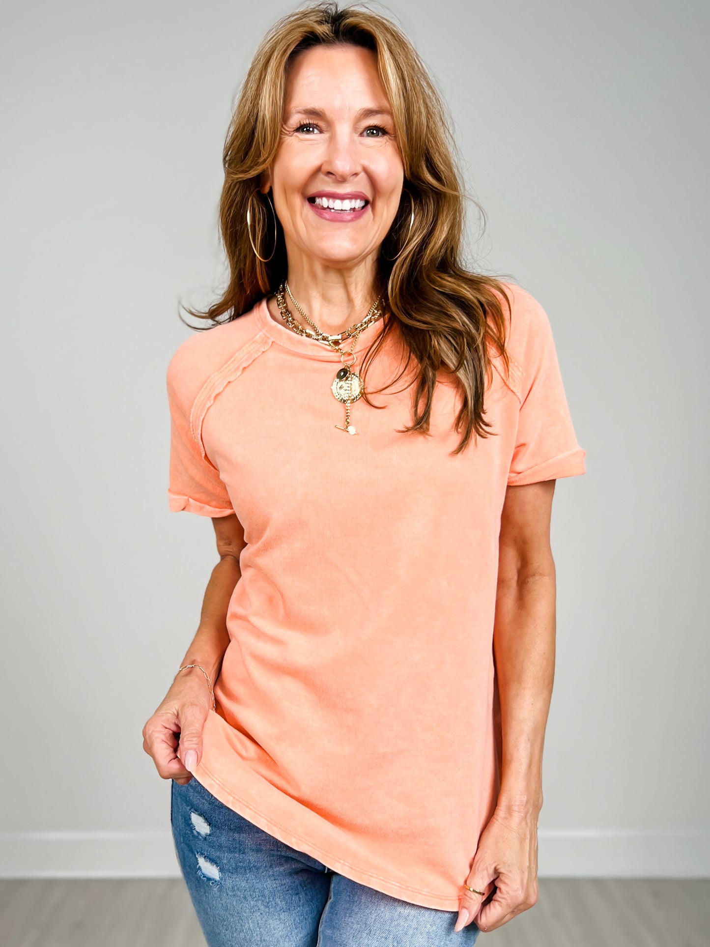 French Terry Washed Curved Hem Top