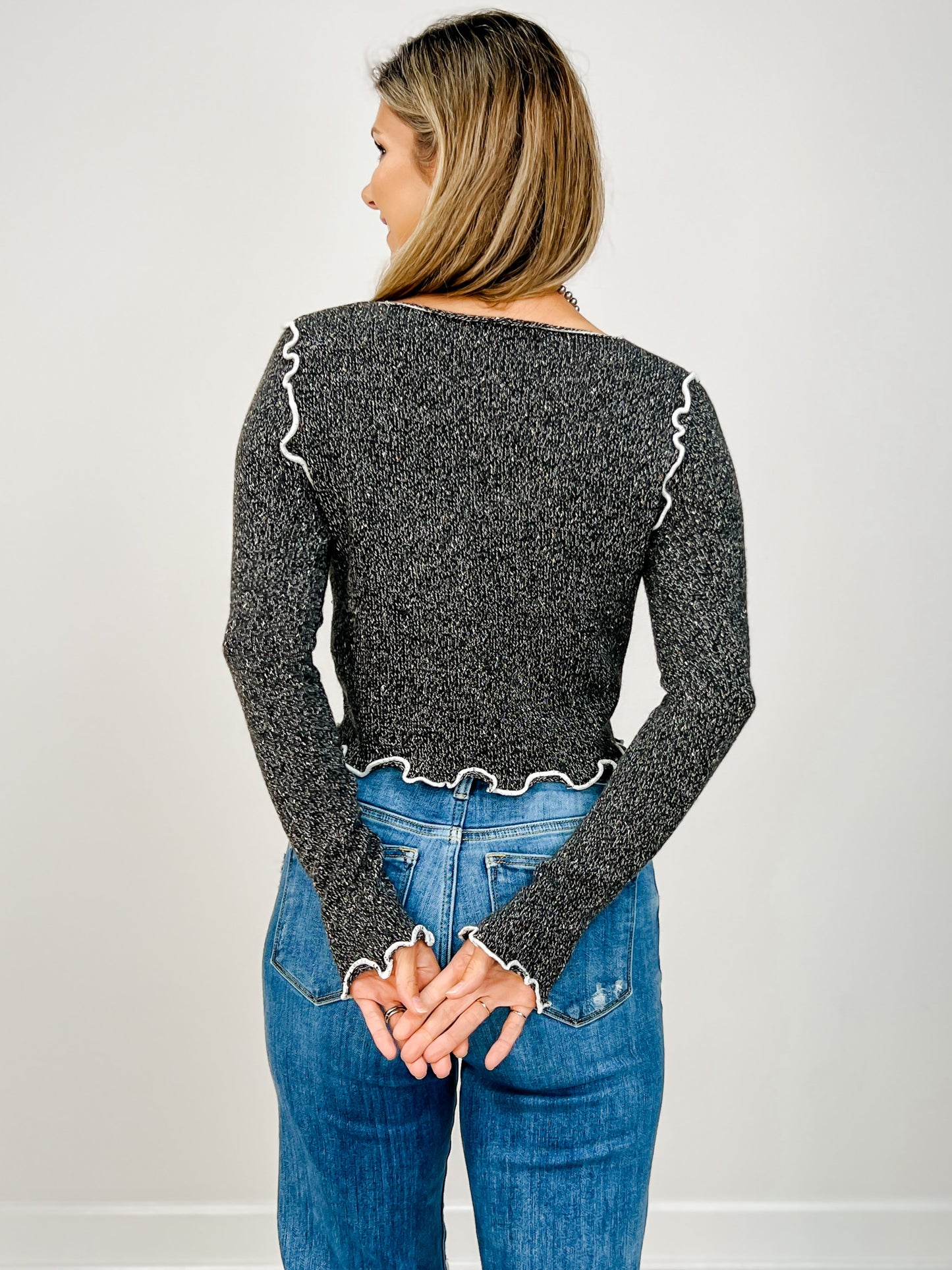 Long Sleeve Solid Knit Top with Merrow Edge Detail