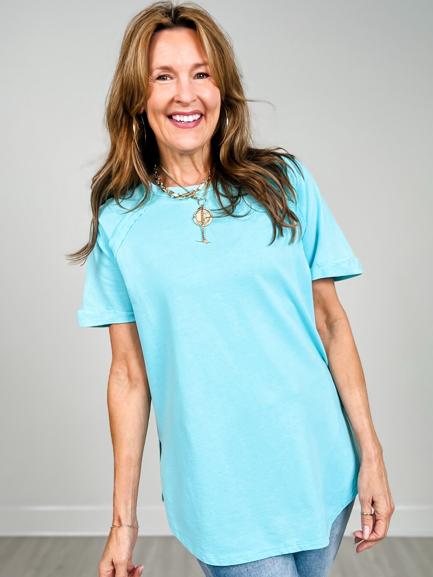 French Terry Washed Curved Hem Top