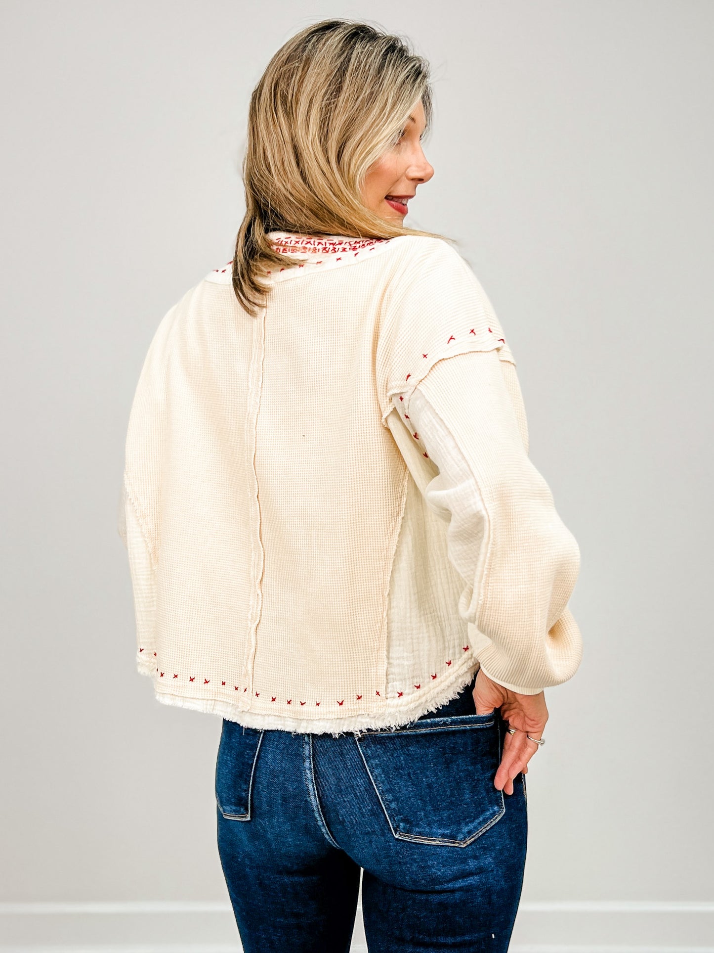 Washed X Stitch Detail Fabric Mix Long Sleeve Top