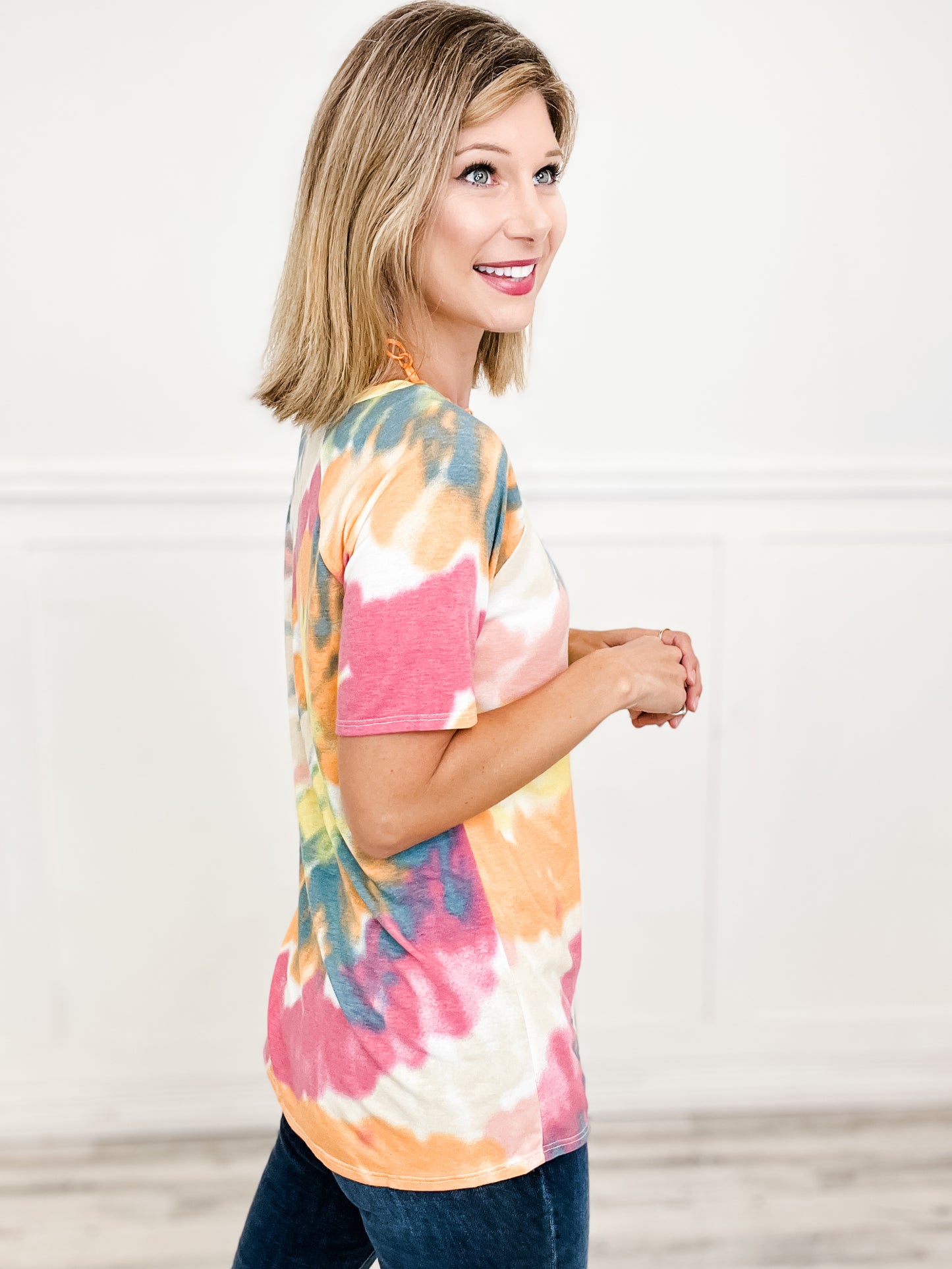 Tie Dye Print Knit Top with Raglan Sleeves