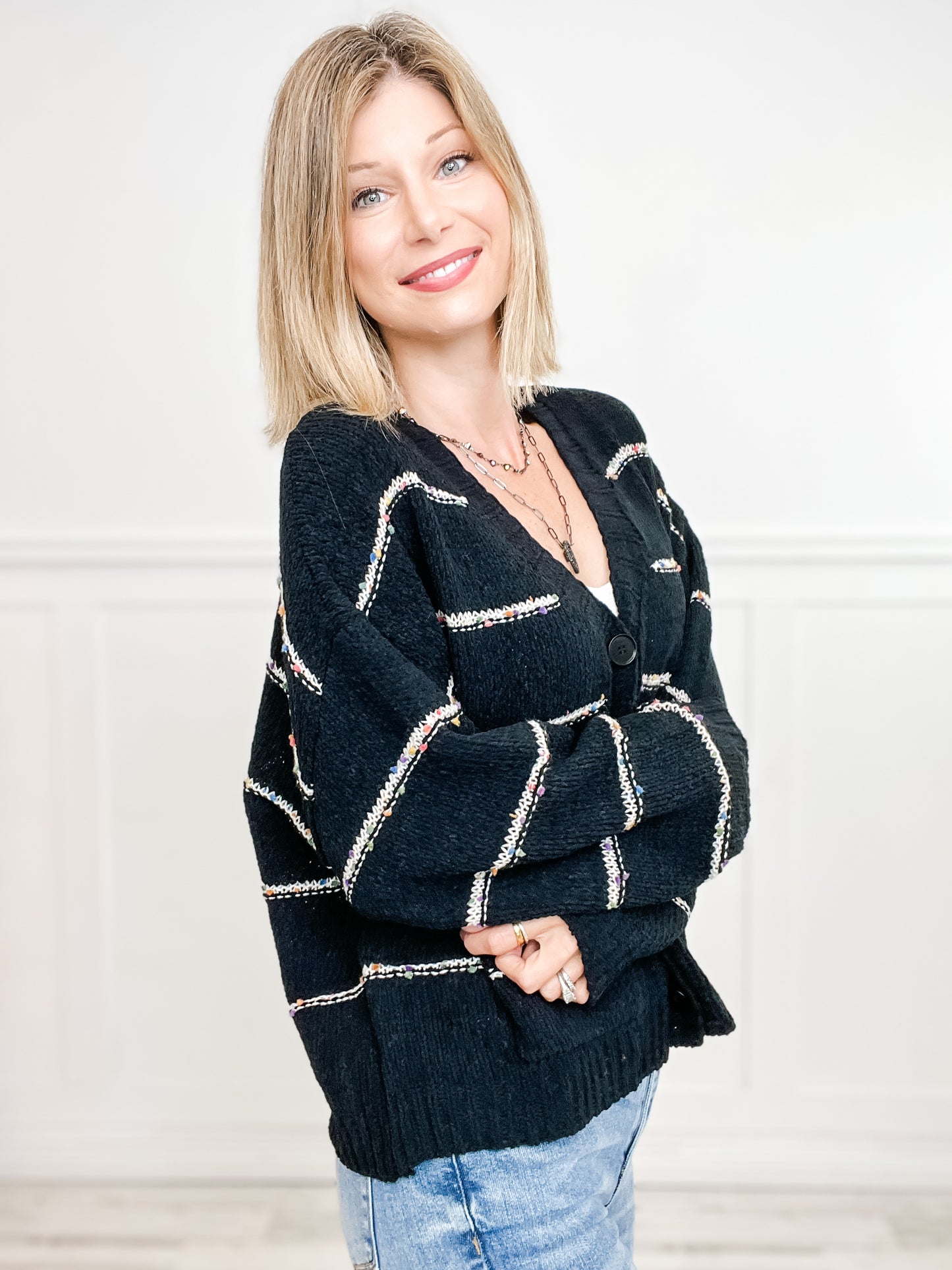 Chenille Yarn Button Closure Cardigan with Pockets